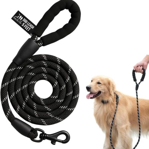 Rope Dog Leash  5 FT Durable Leash with Comfortable Padded Handle, Highly Reflective Threads for Safety, Standard Thickness, Ideal for Small to Medium Dogs  Sleek Black Design