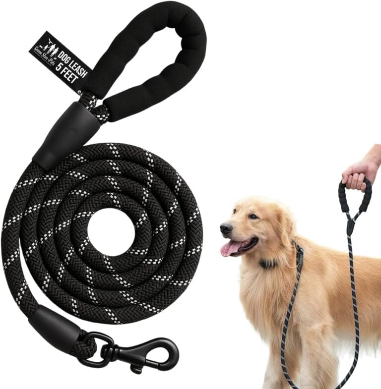 Rope Dog Leash  5 FT Durable Leash with Comfortable Padded Handle, Highly Reflective Threads for Safety, Standard Thickness, Ideal for Small to Medium Dogs  Sleek Black Design