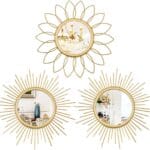 3 Pack Metal Mirrors for Wall Sunburst Wall Mirrors Home Dcor Decorative Hanging Wall Art for Living Room Bedroom Entryway (Gold, Flower+Sunburst)