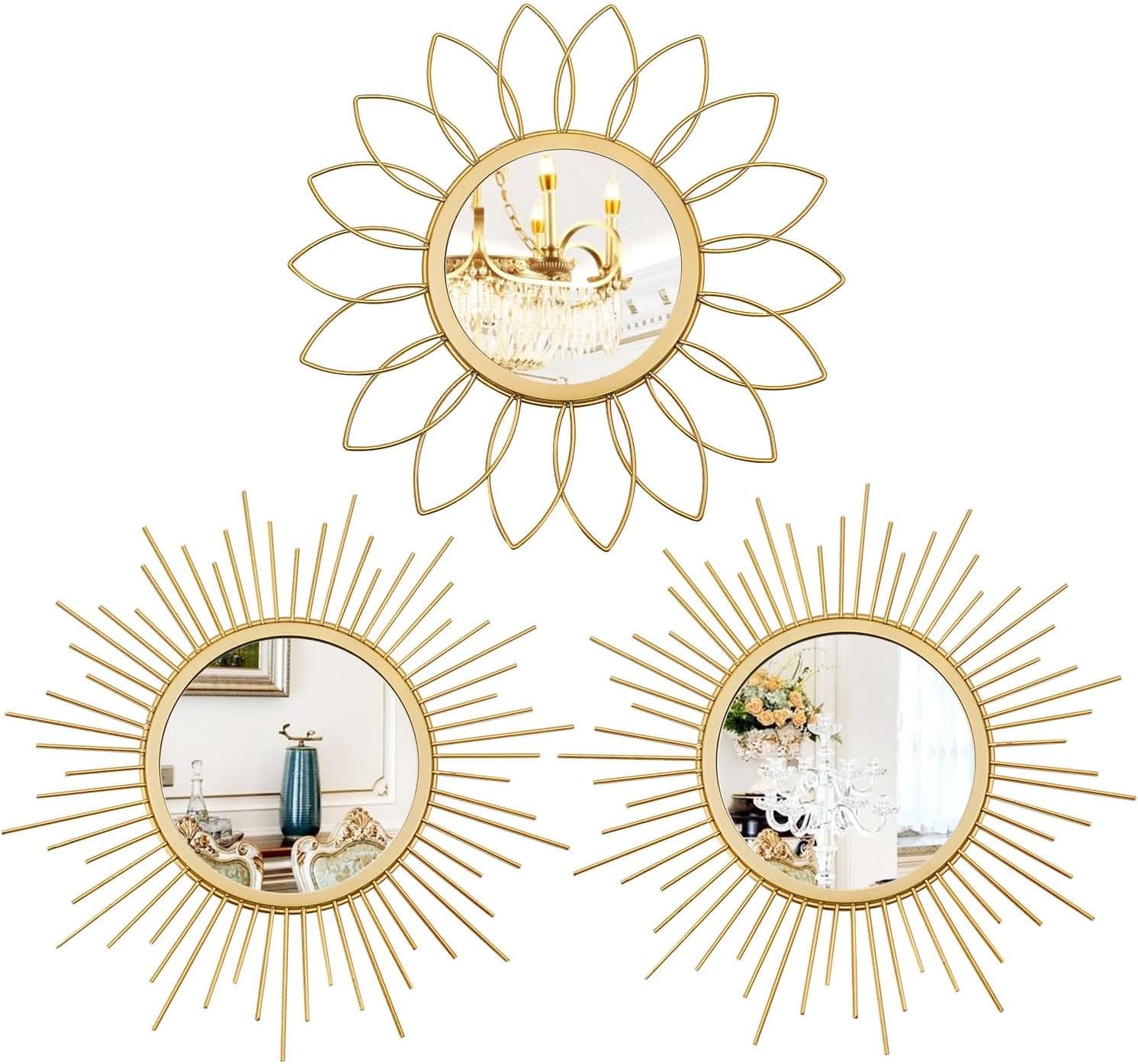 3 Pack Metal Mirrors for Wall Sunburst Wall Mirrors Home Dcor Decorative Hanging Wall Art for Living Room Bedroom Entryway (Gold, Flower+Sunburst) 3 Pack Metal Mirrors for Wall Sunburst Wall Mirrors Home Dcor Decorative Hanging Wall Art for Living Room Bedroom Entryway (Gold, Flower+Sunburst)
