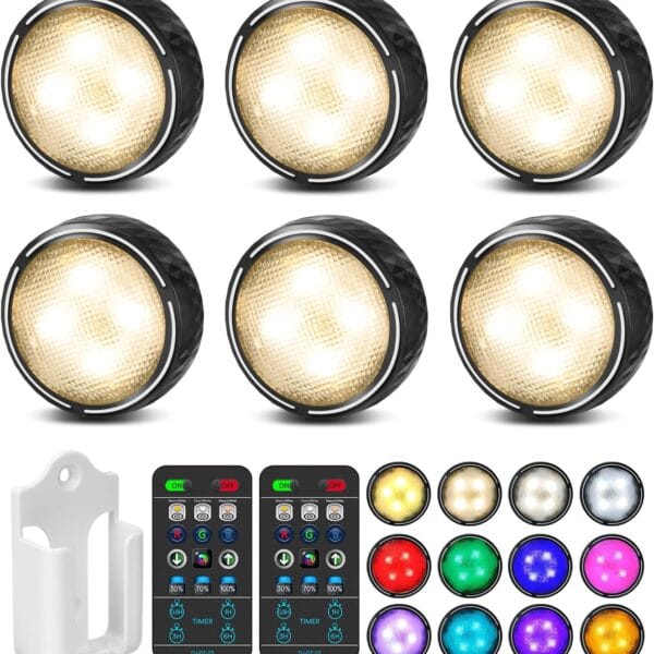 LED Puck Lights with Remote Control, Battery Operated Wireless Closet Light, Under Cabinet Lighting Stick on Tap Push Lights, Color Changing Under Counter Light for Kitchen, 6 Pack - Black
