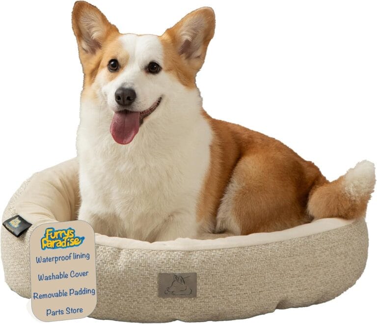 Furry's Paradise Donut Waterproof Bolster Pet Bed with Recycled Fibers, Non-Slip Bottom, and Removable Washable Cover (Beige Weave)