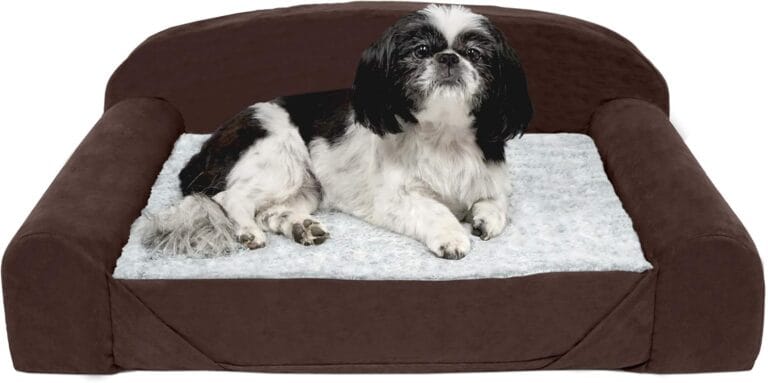 Furhaven Orthopedic Dog Bed for Medium Dogs w/ Removable Washable Cover & Reversible Foam Cushion, For Dogs Up to 55 lbs - Luxury Edition Faux Fur & Suede Sofa - French Roast, Medium