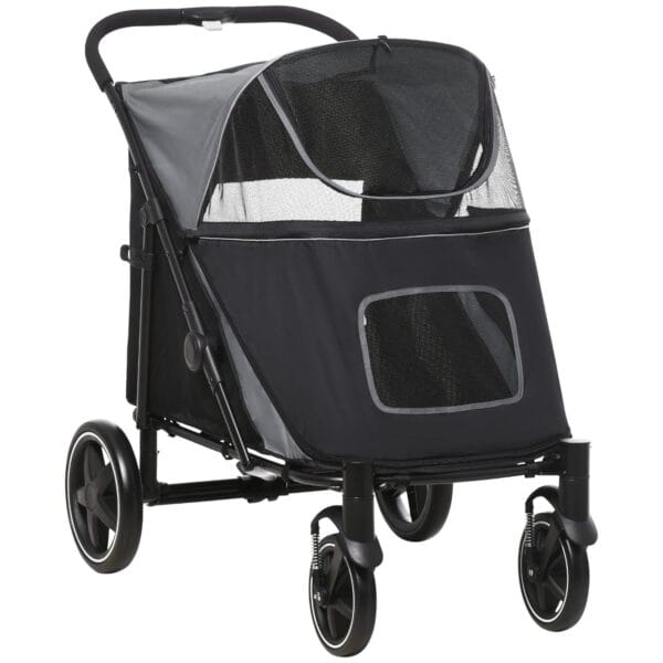 PawHut Dog Stroller for Large Medium Small Dogs up to 66 Lbs. 23.5" in Body Length, One-Click Foldable Pet Cat Stroller with Storage, Shock Absorption Wheels, Mesh Window, Safety Leash, Gray