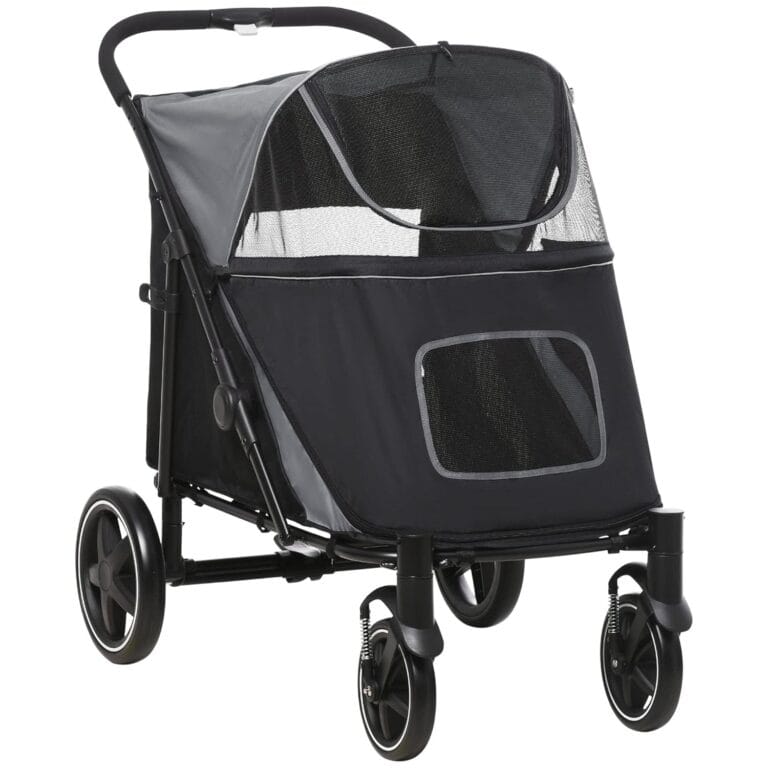 PawHut Dog Stroller for Large Medium Small Dogs up to 66 Lbs. 23.5" in Body Length, One-Click Foldable Pet Cat Stroller with Storage, Shock Absorption Wheels, Mesh Window, Safety Leash, Gray