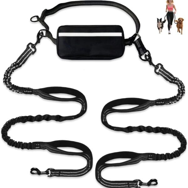 Hands Free Dog Leash for 2 Dogs with Waist Belt & Large Pouch, Waist Leash for Dog Walking, Running & Hiking, Double Retractable Dog Leashes for Medium/Large Dogs with Dual Handles, Black