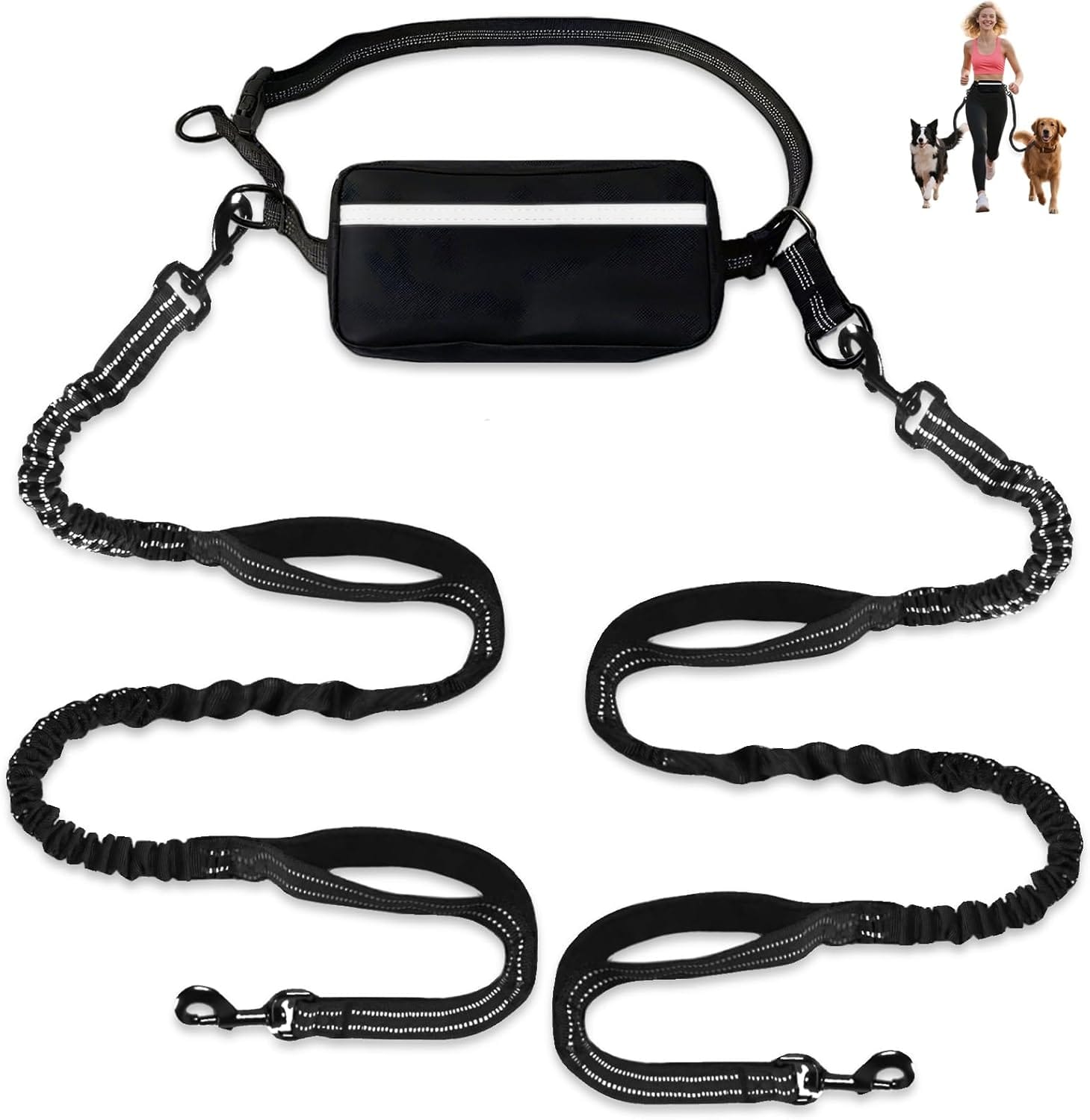 Hands Free Dog Leash for 2 Dogs with Waist Belt & Large Pouch, Waist Leash for Dog Walking, Running & Hiking, Double Retractable Dog Leashes for Medium/Large Dogs with Dual Handles, Black Hands Free Dog Leash for 2 Dogs with Waist Belt & Large Pouch, Waist Leash for Dog Walking, Running & Hiking, Double Retractable Dog Leashes for Medium/Large Dogs with Dual Handles, Black