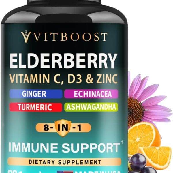 Elderberry Immune Support Supplement 8-in-1 Formula with Echinacea, Vitamin C & Zinc, Vitamin D 5000 IU, Turmeric, Ginger, Ashwagandha 60 Capsules