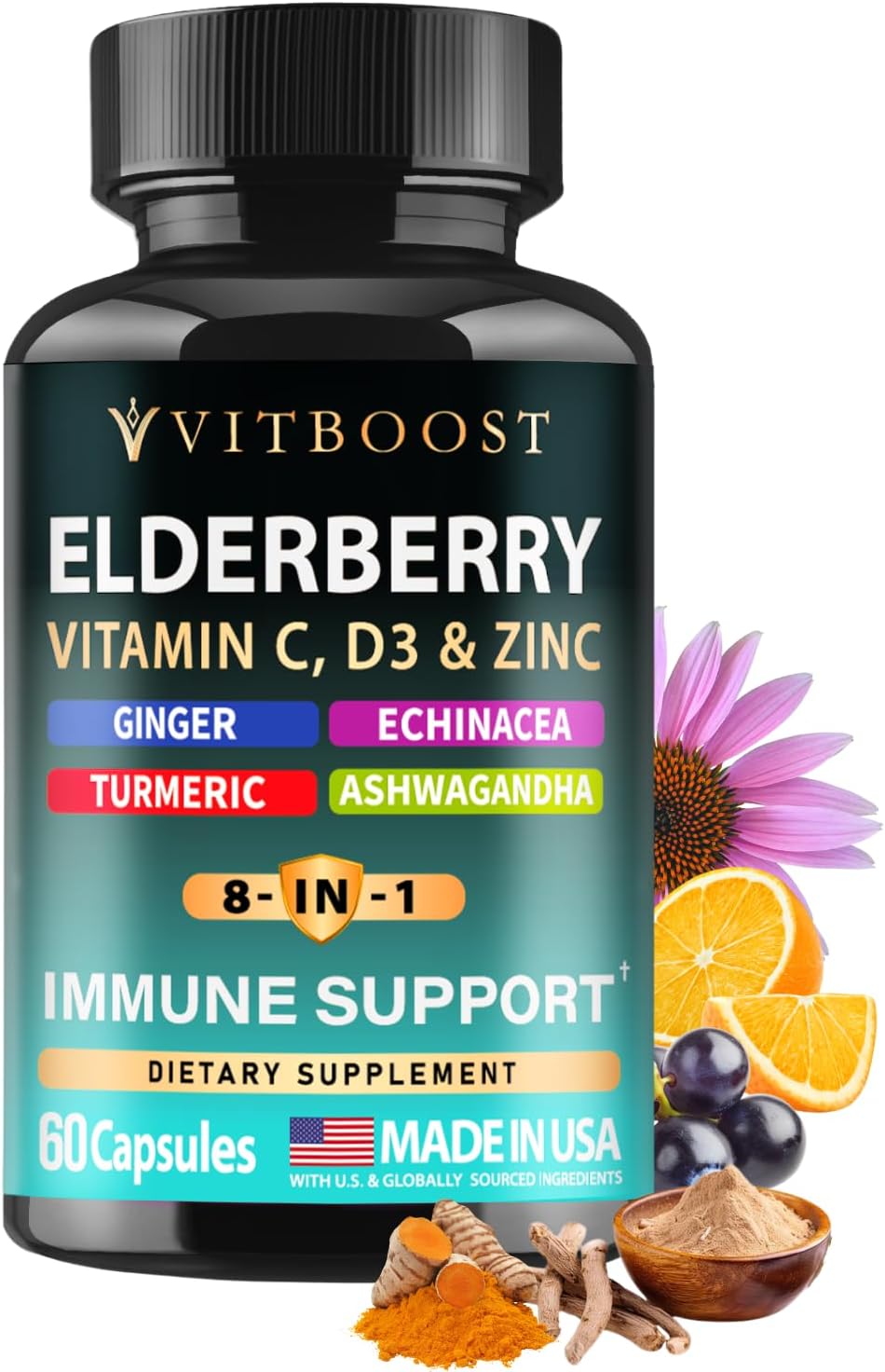 Elderberry Immune Support Supplement 8-in-1 Formula with Echinacea, Vitamin C & Zinc, Vitamin D 5000 IU, Turmeric, Ginger, Ashwagandha 60 Capsules Elderberry Immune Support Supplement 8-in-1 Formula with Echinacea, Vitamin C & Zinc, Vitamin D 5000 IU, Turmeric, Ginger, Ashwagandha 60 Capsules