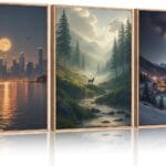 Large Modern City Moon Framed Canvas Wall Art,Forest Misty Wall Decor,Winter Town Night Wall Painting,Nature Landscape Picture Artwork for Living Room,Bedroom,Dining Room,Office -24"x36"x3