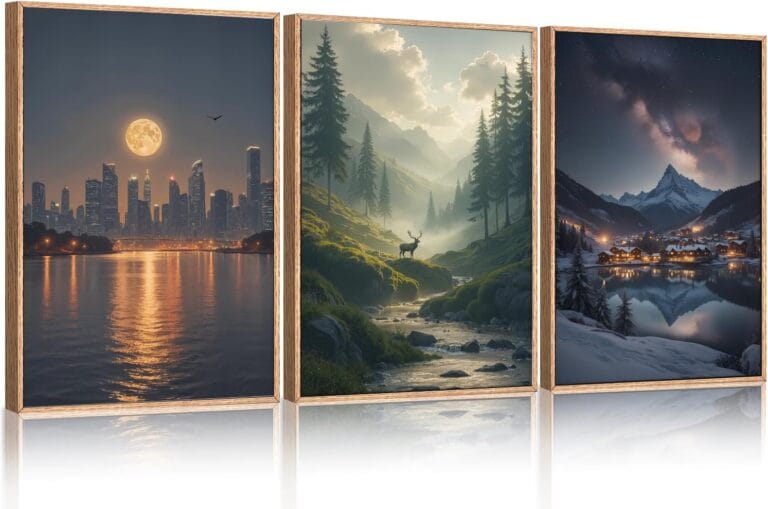 Large Modern City Moon Framed Canvas Wall Art,Forest Misty Wall Decor,Winter Town Night Wall Painting,Nature Landscape Picture Artwork for Living Room,Bedroom,Dining Room,Office -24"x36"x3