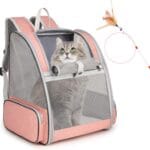 Cat Backpack Carrier, Large Pet Backpack with Kitten Wand Feather Toy for Medium Small Dog Cat Puppy Kitty Bunny up to 15lbs, Ventilated Mesh Dog Travel Carrier for Hiking Walking Outdoor Use (Pink)