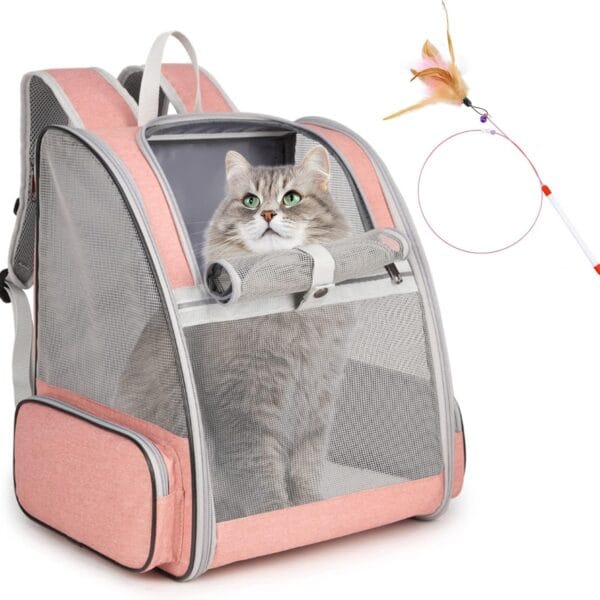 Cat Backpack Carrier, Large Pet Backpack with Kitten Wand Feather Toy for Medium Small Dog Cat Puppy Kitty Bunny up to 15lbs, Ventilated Mesh Dog Travel Carrier for Hiking Walking Outdoor Use (Pink)