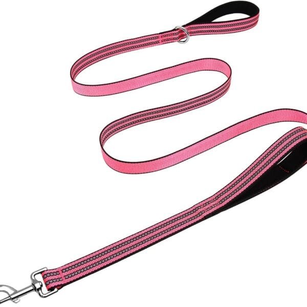 Hikiko 6 Foot Dog Leash with Two Handles Heavy Duty Double Handle Traffic Dog Leash Reflective Training Lead, Hot Pink