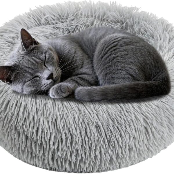 Cat Bed - Calming Cat Bed for Small Kittens Donut Washable Round for Indoor Kittens and Puppies, Anti-Slip Round Fluffy Plush Faux Fur, Small, Light Grey