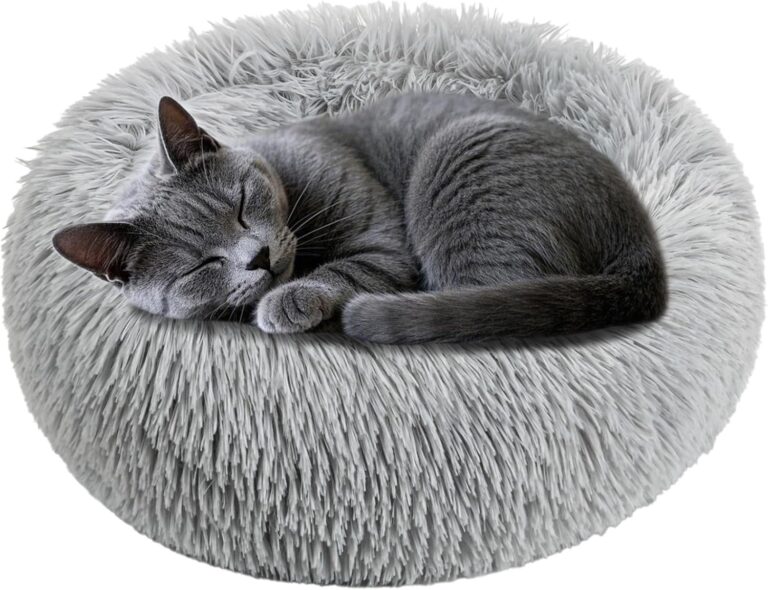 Cat Bed - Calming Cat Bed for Small Kittens Donut Washable Round for Indoor Kittens and Puppies, Anti-Slip Round Fluffy Plush Faux Fur, Small, Light Grey
