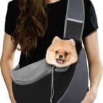 Pawaboo Pet Dog Sling Carrier, Hand Free Drawstring Dog Papoose with Adjustable Strap, Breathable Mesh Bag for Puppy Cat, Crossbody Satchel Dog Purse with Pocket for Outdoor, Dark Gray+Black, Large