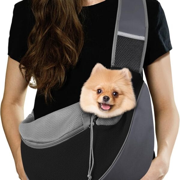 Pawaboo Pet Dog Sling Carrier, Hand Free Drawstring Dog Papoose with Adjustable Strap, Breathable Mesh Bag for Puppy Cat, Crossbody Satchel Dog Purse with Pocket for Outdoor, Dark Gray+Black, Large