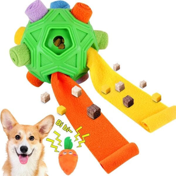 Dog Snuffle Ball-Interactive Puzzle Dog Toys Encourage Natural Foraging Skills Slow Feeder for Training and Stress Relief, Cloth Strip Hiding Food Chew Toys with Squeaky Carrot Toy for Any Size