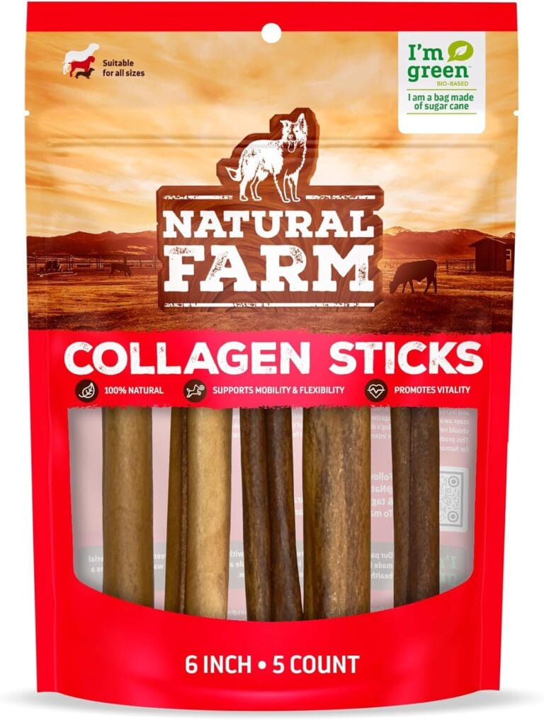 Natural Farm Collagen Sticks 6-Inch Dog Chews - Odor-Free, 95% Natural Collagen Supports Healthy Joints, Skin & Coat - Small, Medium Dogs  Lasts 20% More (6 inch, 5 Pack)