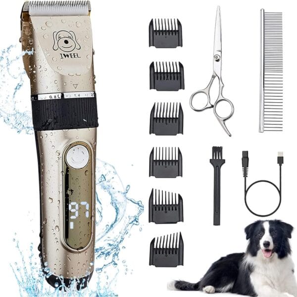 Dog Clippers, 2-Speed Professional Rechargeable Cordless Cat Shaver and Low Noise Water Proof Electric Dog Trimmer Pet Grooming Kit Animal Hair Clippers Tool with Scissors Combs