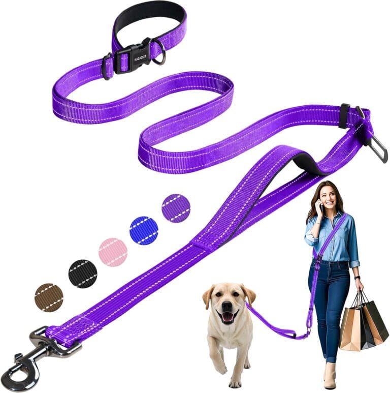 Kazazoo Hands-Free Dog Leash with Adjustable Length 6-9FT + Dual Padded Handles Reflective Safety for Walking, Jogging & Training | Suitable for Medium to Large Dogs & Puppies Purple-L