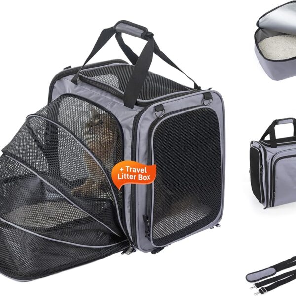 Cat Travel Carrier with Litter Box, Expandable Cat Carrier for Car Travel, Soft Sided Pet Carrier for Cats/Puppies up to 20lbs, Grey