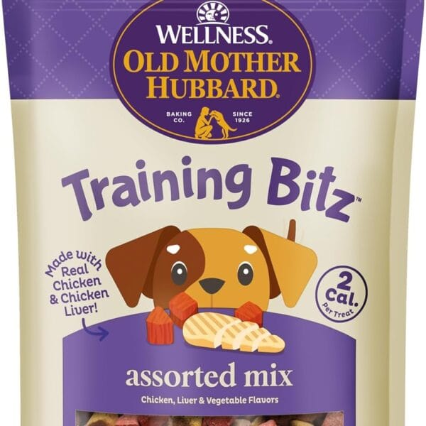 Old Mother Hubbard Wellness Training Bitz Assorted Mix Dog Biscuits, Natural, Training Treats, Three Flavors, Small Size, (8 Ounce Bag)