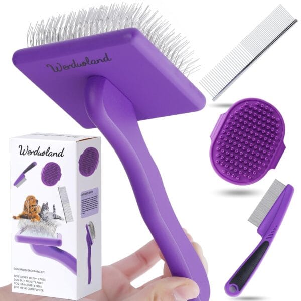 Ergonomic Slicker Brush for Long-Haired Dogs - Wooden Handle, Long Pins for Grooming Loose Hair (Purple)