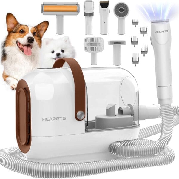Dog Grooming Vacuum Kit - 3L Vacuum with 7 Tools, Low Noise Electric Clipper and Brush for Pet Shedding at Home, White
