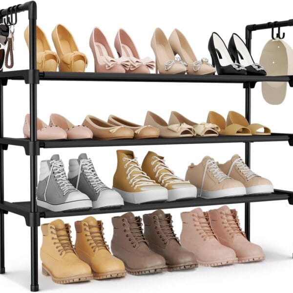 3 Tier Shoe Rack for Closet, Shoe Organizer with 5 Hooks, Long Shoe Shelf Storage for Sneaker and Boot Stackable Free Standing Shoe Rack for Entryway, Garage, Small Spaces, Dorm