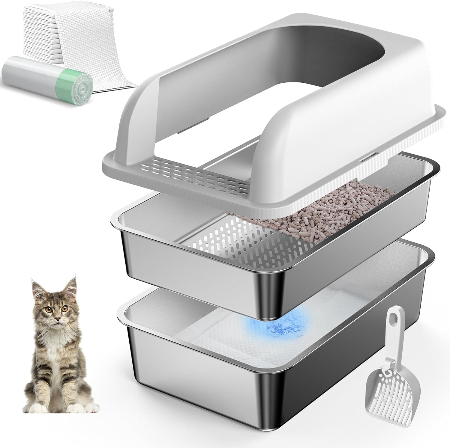 19.6''x13.7''x12'' Stainless Steel Litter Box with Lid, Sifting Cat Litter Box for Pine Pellets, High Sides Metal Litter Pan for High Peeing Cats, Anti-Leakage, Easy Cleaning, Less Tracking 19.6''x13.7''x12'' Stainless Steel Litter Box with Lid, Sifting Cat Litter Box for Pine Pellets, High Sides Metal Litter Pan for High Peeing Cats, Anti-Leakage, Easy Cleaning, Less Tracking