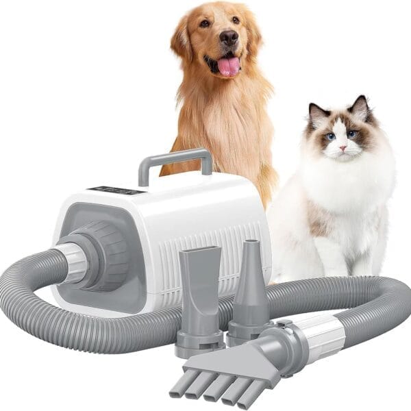 Dog Dryer, high-Speed Professional pet Grooming Dryer, Fast Drying, 3 Different nozzles, Suitable for All Kinds of PetsWhite