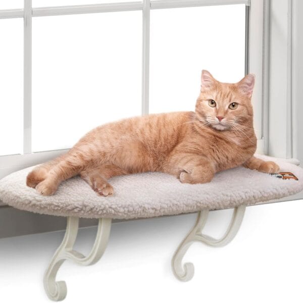 K&H Pet Products Kitty Sill Cat Window Perch for Large Cats, Orthopedic Window Hammock Bed Holds 40LBS, Washable Cover, Kitty Windowsill Bed Seat for Indoors - Cream Fleece, Unheated, 14 X 24in