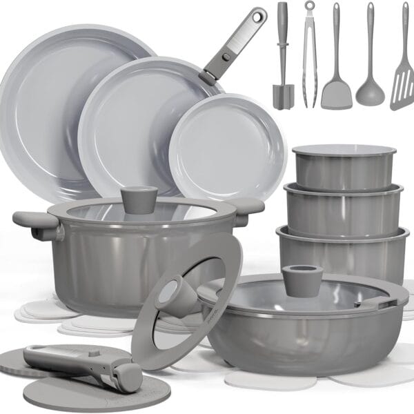 CAROTE 27pcs Ceramic Cookware Set Nonstick, Pots and Pans Set Non Stick, Non Toxic Cookware, Dishwasher/Oven Safe, RV/Camping Cookware Set, Pan and Pot with Kitchen Utensils, Dark Gray