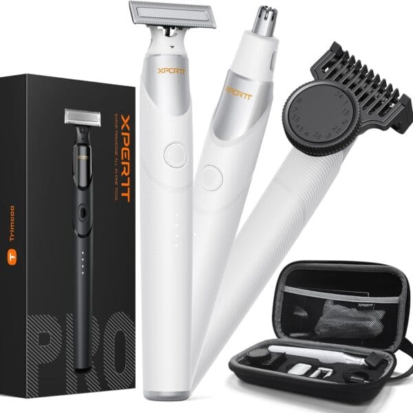 New Electric Beard & Nose Hair Trimmer Kit - Painless Razor with 12 in 1 Rotating Comb, Magnetic Nose Hair Head, Waterproof Wet/Dry, Groin/Ball Shaver for Men, USB-C Fast Charging,White(Pack)