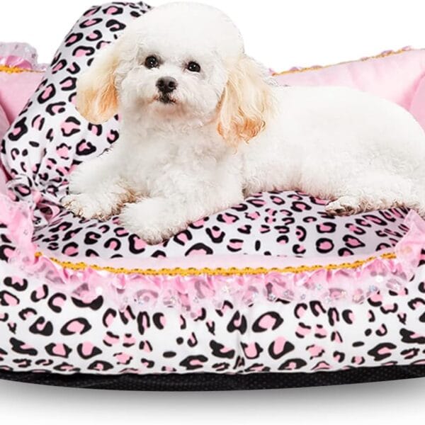 Gigreinc Dog Bed for Small Dogs - Cute Pink Leopard Dog Bed,Cat Beds for Indoor Cats Washable - Square Shape Cat Dog Sofa Bed Pet House Nest Cave(M, 20.8"L x 18"W x 5.5"
