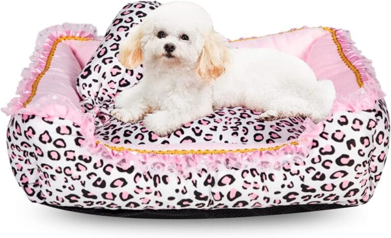 Gigreinc Dog Bed for Small Dogs - Cute Pink Leopard Dog Bed,Cat Beds for Indoor Cats Washable - Square Shape Cat Dog Sofa Bed Pet House Nest Cave(M, 20.8"L x 18"W x 5.5"
