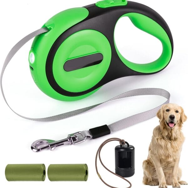 Heavy Duty Retractable Dog Leash for Large Dogs, 16ft Dog Leash with Poop Bag Holder, Up to 75lbs, Chew Proof Cable, USB Rechargeable LED, 360 No-Tangle, One-Handed Pause & Lock.(Green, 16ft)