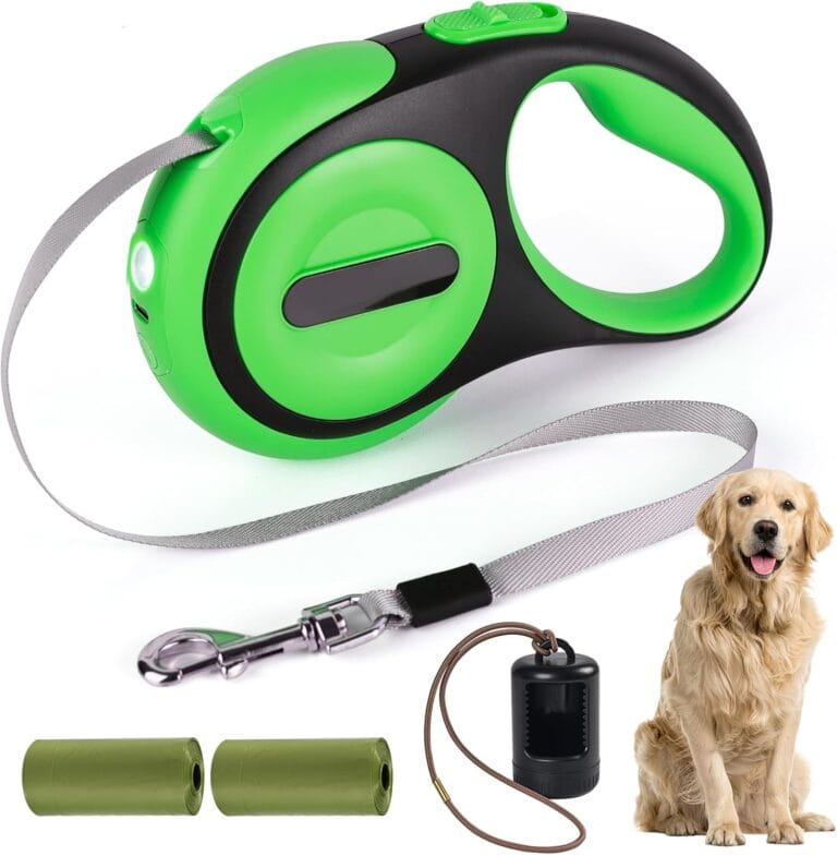 Heavy Duty Retractable Dog Leash for Large Dogs, 16ft Dog Leash with Poop Bag Holder, Up to 75lbs, Chew Proof Cable, USB Rechargeable LED, 360 No-Tangle, One-Handed Pause & Lock.(Green, 16ft)
