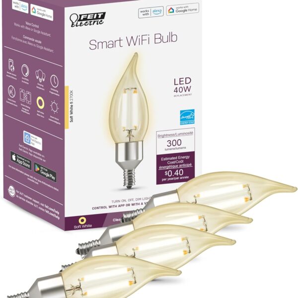 Feit Electric Smart LED Candle Wifi Bulb, Works with Alexa or Google Assistant, E12 base, No Hub, Flame Tip Filament Chandelier Light Bulb, 2700K Soft White, 4 Pack CFC40/927CA/FIL/AG/4