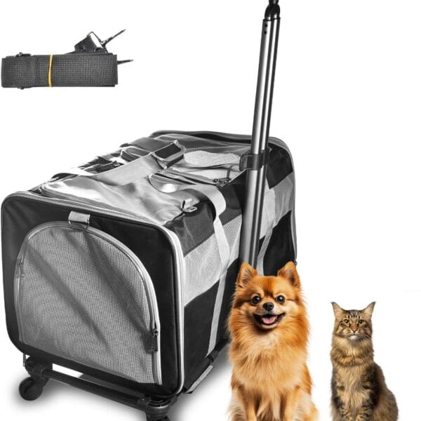 Cat Carrier for 2 Cats, Large Dog Cat Carrier with Wheels for Under 44lbs, Rolling Pet Carrier with Removable Pole Platform and Upgraded Wheels Dog Cat Travel Carrier for Hiking Camping, Black