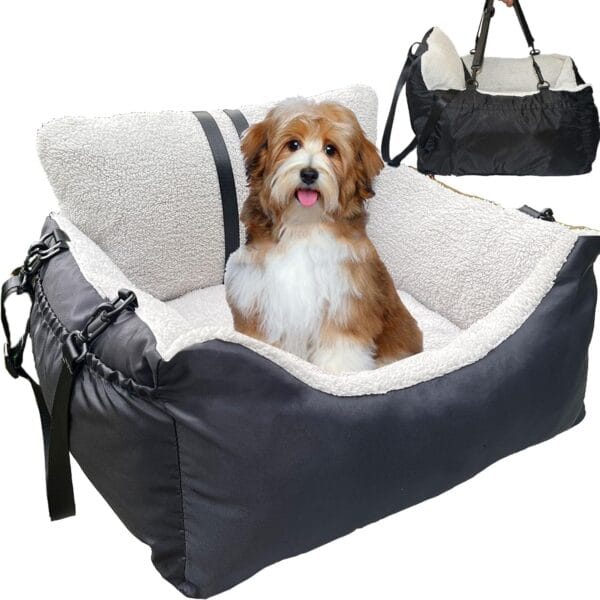 Small Dogs Car Seat,Fully Detachable and Washable Ultra Soft Car Travel Bed, with Clip-on,Two Portable Handle and Storage Pockets Puppy Dog Booster Seats,Portable DogCar Travel Carrier Bed