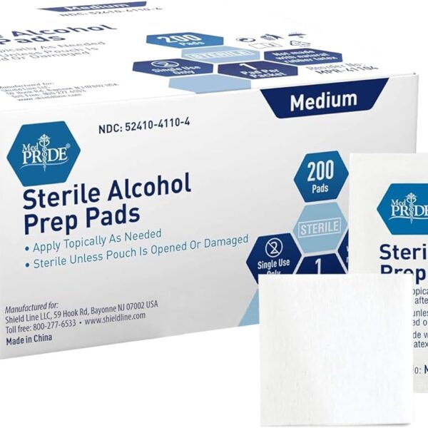 MED PRIDE Sterile Alcohol Prep Pads, Antiseptic, 70% Isopropyl, Individually Wrapped, Medical Grade 2 Ply Wipes (200 Count (Pack of 1) White)