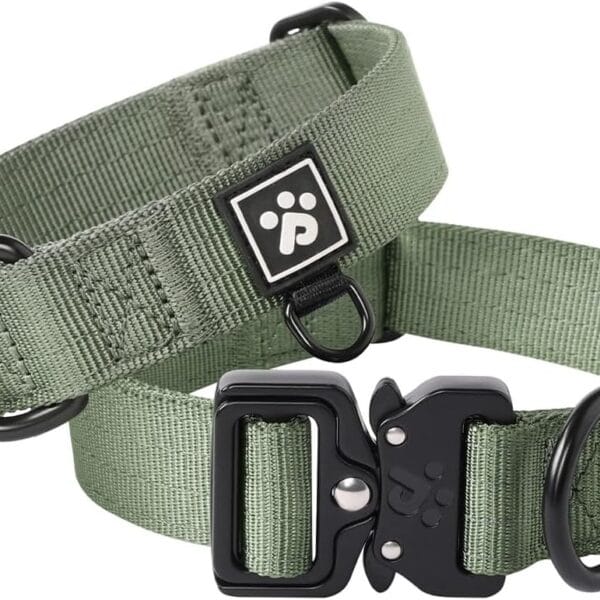 PawsPassion Dog Collars for Large Dogs, Heavy Duty Tactical Dog Collar with Metal Buckle, Durable Pet Collar Quick Release, Reinforced Nylon No Pull Dog Collar (Evergreen, L)