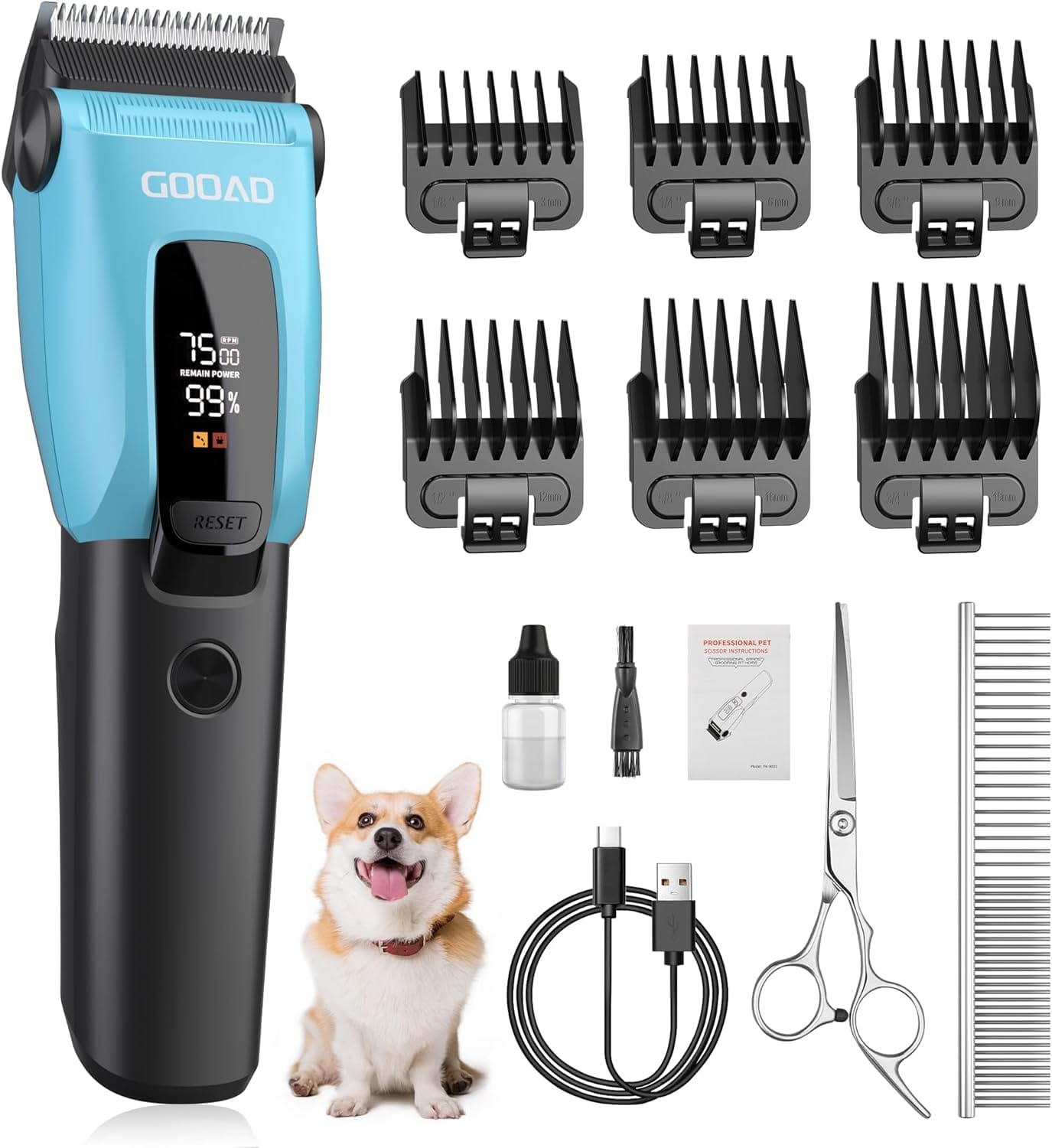 Dog Clippers for Grooming for Heavy Thick Coat, 3-Speed Low Noise Dog Grooming Kit, Electric Quiet Dog Hair Trimmer,Cordless,Rechargeable, Pet Hair Shaver for Small and Large Dogs Cats, Blue Dog Clippers for Grooming for Heavy Thick Coat, 3-Speed Low Noise Dog Grooming Kit, Electric Quiet Dog Hair Trimmer,Cordless,Rechargeable, Pet Hair Shaver for Small and Large Dogs Cats, Blue