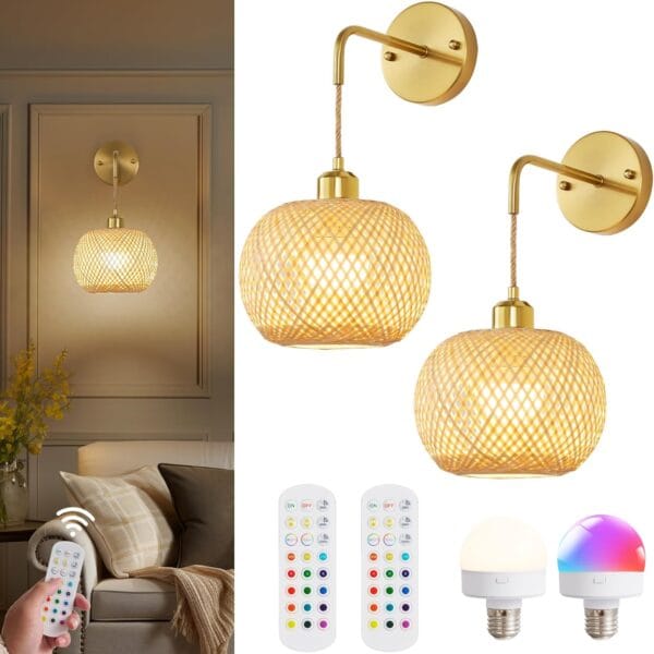 Gold Battery Operated Wall Sconces Set of 2 with Remote, Rechargeable Rattan Battery Powered Wall Lights/Lamps, Wireless Boho Lighting Fixtures for Bedroom Farmhouse, 15 Colors Dimmable,8''