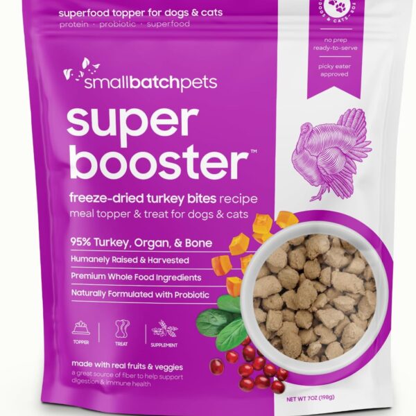 Smallbatch Freeze Dried Dog Treats, Superfood Food Topper Turkey Bites for Dogs & Cats, Probiotics, Organic Ingredients, High Protein, Grain Free Healthy Treat & Food Topper, Made in the USA, 7 oz Bag