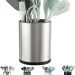 Kitchen Utensil Holder Extra Large 360Rotating For Counter Organizer Stainless Steel Storage Cooking Silverware Caddy 3 Compartment Flatware Spoon Spatula Tool Cutlery ContainerSilvery