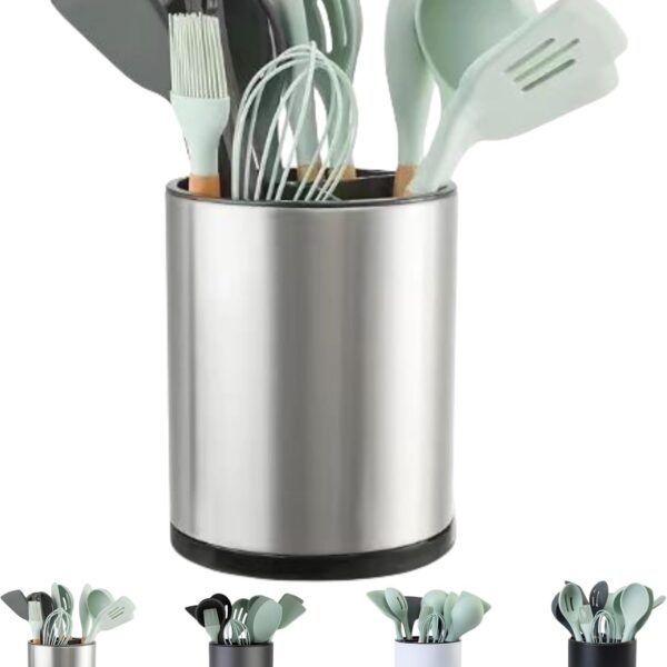 Kitchen Utensil Holder Extra Large 360Rotating For Counter Organizer Stainless Steel Storage Cooking Silverware Caddy 3 Compartment Flatware Spoon Spatula Tool Cutlery ContainerSilvery